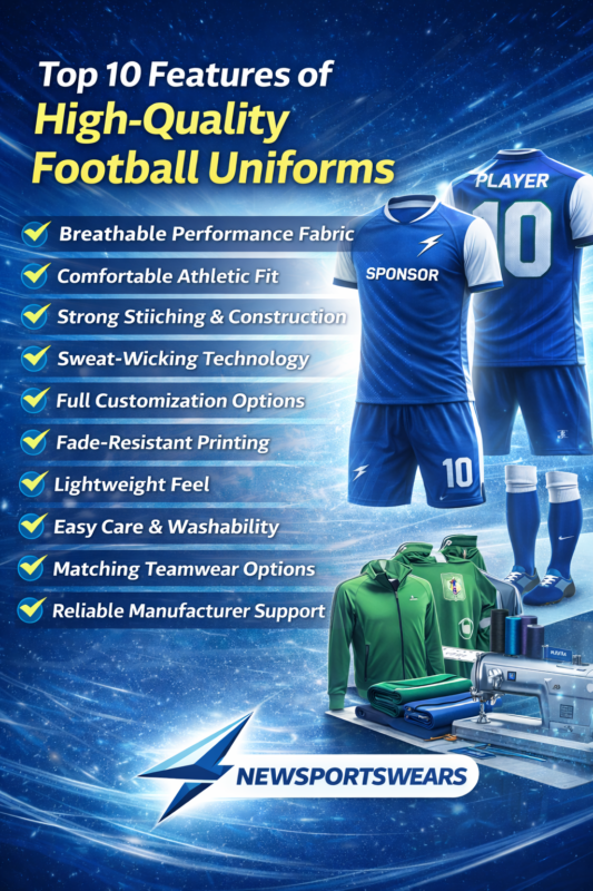 Top 10 features of high-quality football uniforms promotional banner showing custom blue football jersey set, shorts, socks, teamwear apparel, and professional sportswear manufacturing design by Newsportswears.