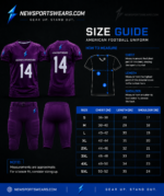 Size guide for custom American football uniform with chest length and shoulder measurements