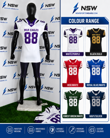 Product specs for custom American football uniform with polyester mesh fabric and athletic fit