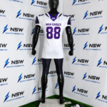 Custom American football uniform in white and purple front view by Newsportswears