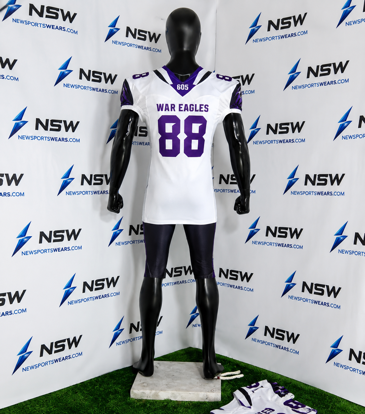 Custom American Football Uniform White Purple Front View Custom American football uniform in white and purple front view by Newsportswears