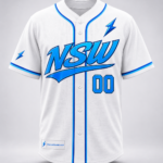 NSW custom baseball jersey showing team name, player name, front number, back number and sleeve logo placement