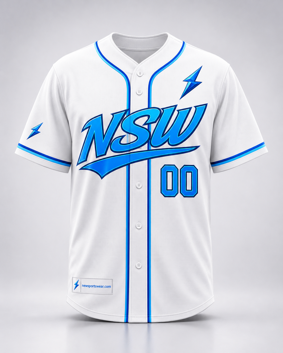 Custom Baseball Jersey, White Baseball Jersey, Personalized Jersey, NSW Jersey, Baseball Uniform, Custom Teamwear, Sports Jersey, Button-Up Jersey, Team Uniform, Newsportswear NSW custom baseball jersey showing team name, player name, front number, back number and sleeve logo placement