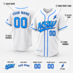 Close-up details of NSW baseball jersey logo, button collar, blue piping and sleeve logo