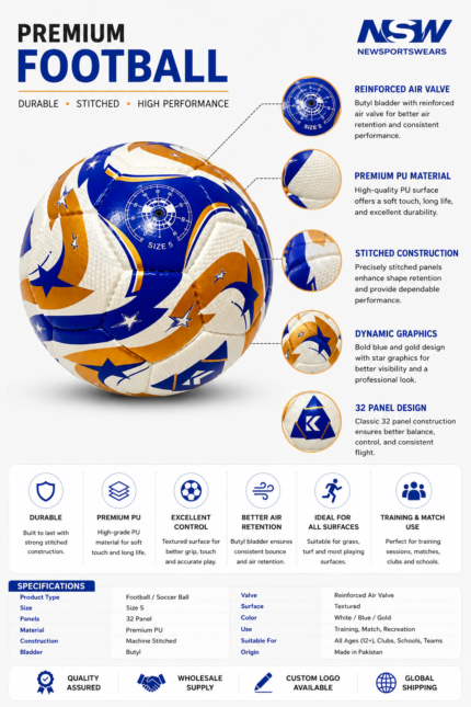 White blue gold match practice football with 32 panel design and premium PU surface