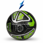 Front view of black green soccer ball with textured PU leather surface and size 5 design