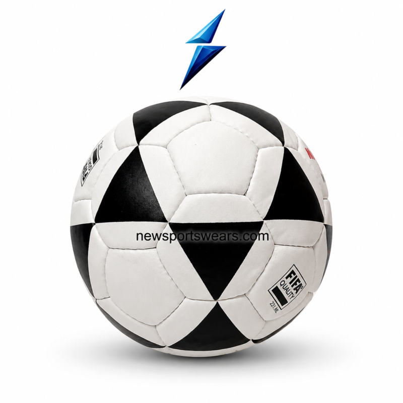 Classic black white soccer ball with stitched panels, textured surface, and competition-style design by New Sports Wears.