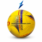 Strike Zone 2.0 yellow soccer ball with purple and red graphics, textured panels, and premium finish by New Sports Wears.