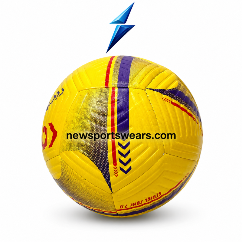 Strike Zone 2.0 yellow soccer ball with purple and red graphics, textured panels, and premium finish by New Sports Wears.