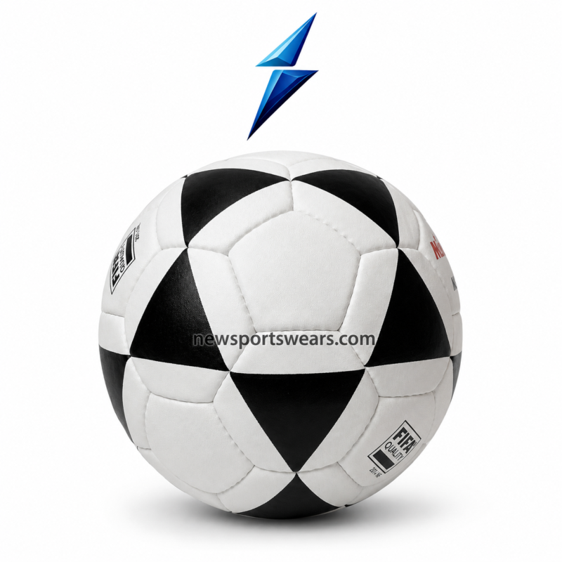 Size 5 competition-style training football with black triangle panels, white textured surface, and stitched seam detailing.
