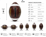 Brown pebbled American football showing black center laces, white stripe bands, gold printed artwork and clean e-commerce product specs layout
