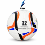Size 5 machine stitched football with white orange blue and black graphic design