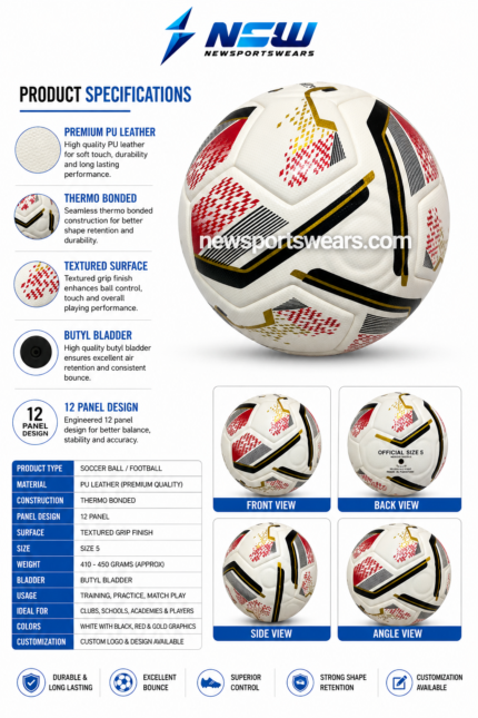 Front view of white soccer ball with red black and gold graphic design and textured PU leather surface