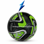 Side view of custom football with neon green graphics machine stitching and textured grip finish