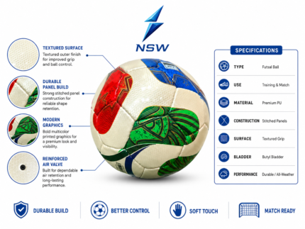 Premium multicolor futsal ball with textured PU surface and stitched panel construction