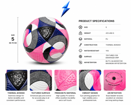 Pink, black, white and blue textured soccer ball with stitched panels and NSW logo by FIFA quality soccer balls manufacturer