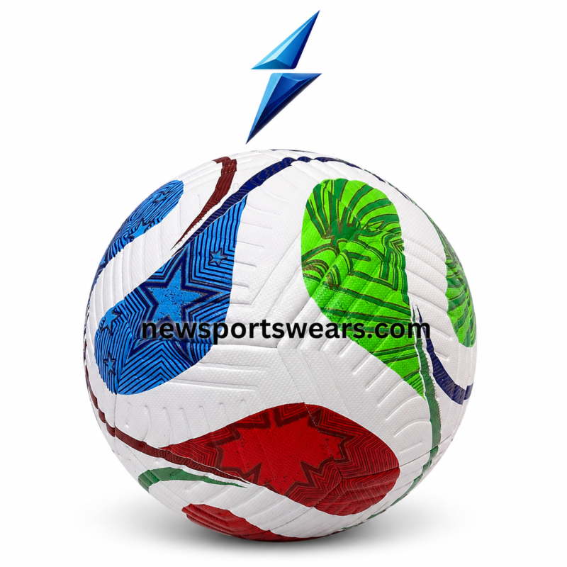 multicolor printed soccer balls wholesale white football with red green blue graphics and NSW logo