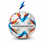 White soccer ball with blue red yellow and black speed graphics, textured panels and NSW logo by multicolor thermal bonded soccer ball supplier
