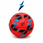 Red Size 4 futsal ball with hand stitched panels and black blue geometric graphics