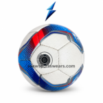 Side view of custom football with blue red and silver graphic pattern