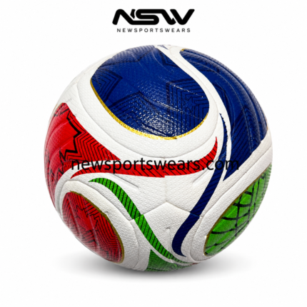 Custom soccer ball with red blue green and gold graphics for training match play clubs and schools