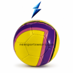 Side view of yellow purple custom football with stitched panels and glossy PU leather finish