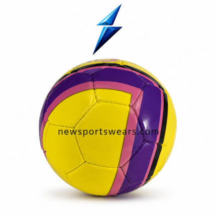 Side view of yellow purple custom football with stitched panels and glossy PU leather finish