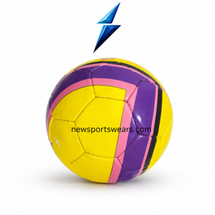 Side view of yellow purple custom football with stitched panels and glossy PU leather finish