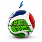 Front view of multicolor soccer ball with white base red blue green graphics and textured grip finish