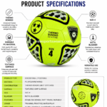 Front view of neon green soccer ball with textured PU leather surface and black graphics