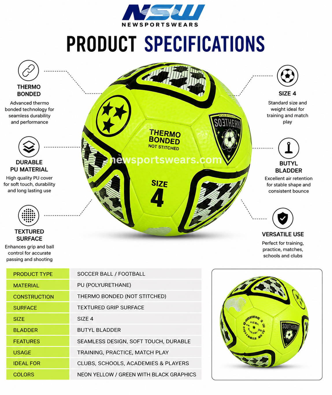 Custom Soccer Ball Product Specifications Neon Green Size 4 Front view of neon green soccer ball with textured PU leather surface and black graphics