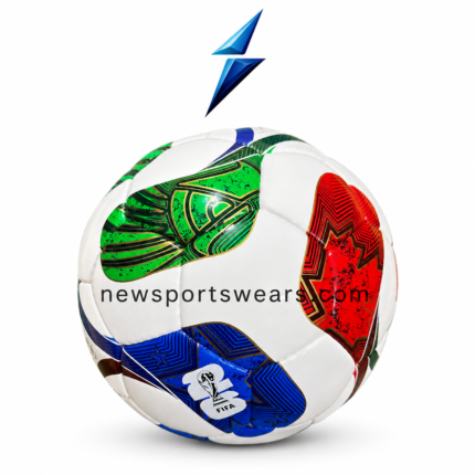 Side view of custom football with red blue green graphic panels and durable PU leather cover