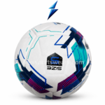 Front view of white soccer ball with blue teal pink graphics and textured PU leather surface