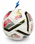 Side view of custom football with white red black and gold graphics for sports training and practice