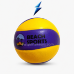 Side view of yellow blue volleyball with durable textured synthetic cover and official size feel