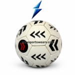 Hand stitched white soccer ball with black arrow graphics red accents and textured surface by NewSportsWears