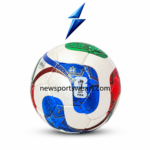 Textured PU futsal training ball with red green blue and gold printed graphics