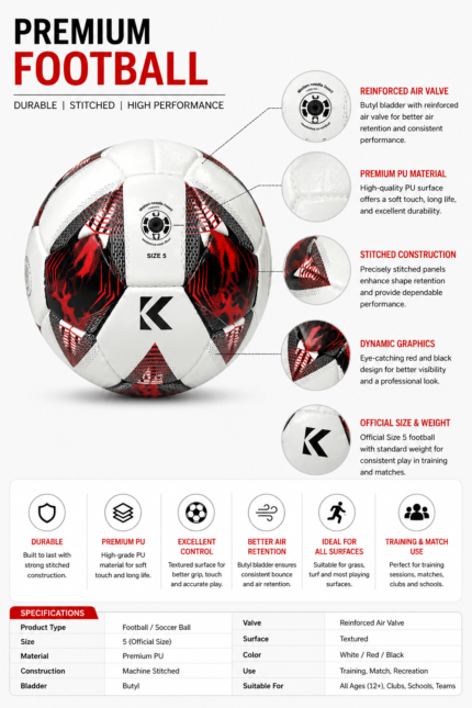 PU training soccer ball with red black graphics reinforced valve
