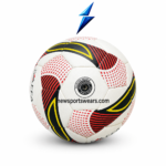 White red stitched soccer ball with textured surface and black yellow printed graphics
