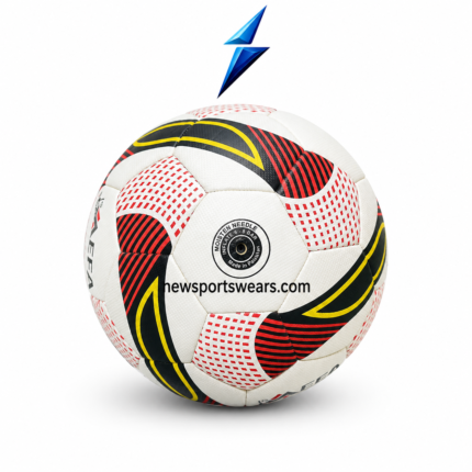White red stitched soccer ball with textured surface and black yellow printed graphics