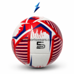 Red blue and white training football with stitched panels and textured grip finish