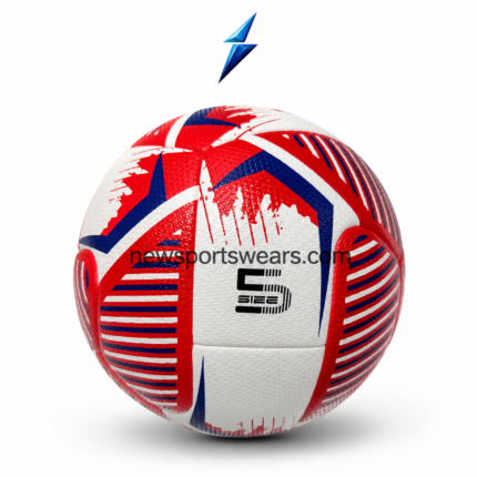 Red blue and white training football with stitched panels and textured grip finish