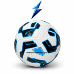 Durable textured training soccer ball with white base black graphics and blue outline for better control