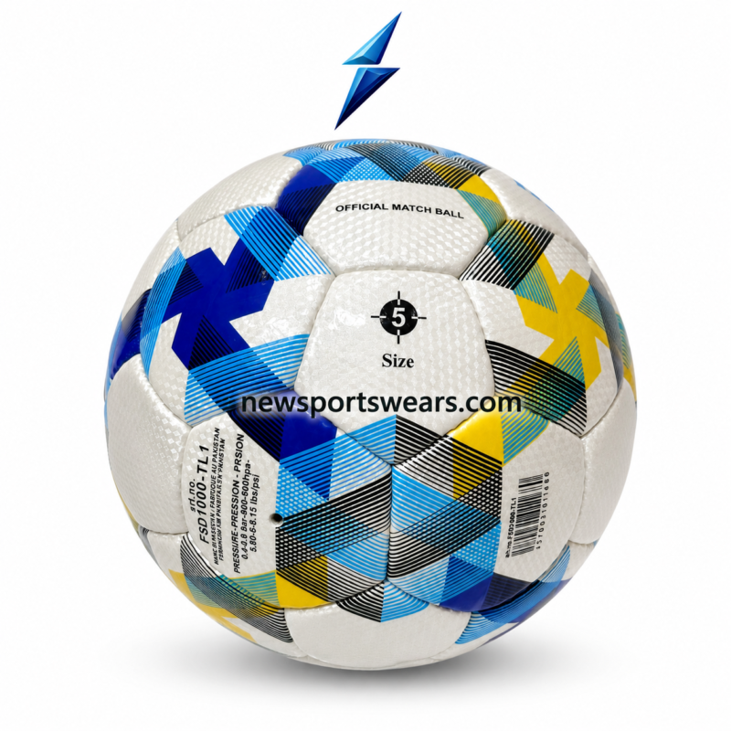 Modern geometric soccer ball with blue, light blue, yellow, and black graphics on a white textured surface.