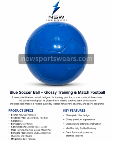 Glossy blue training football with stitched panel construction for school sports and practice sessions
