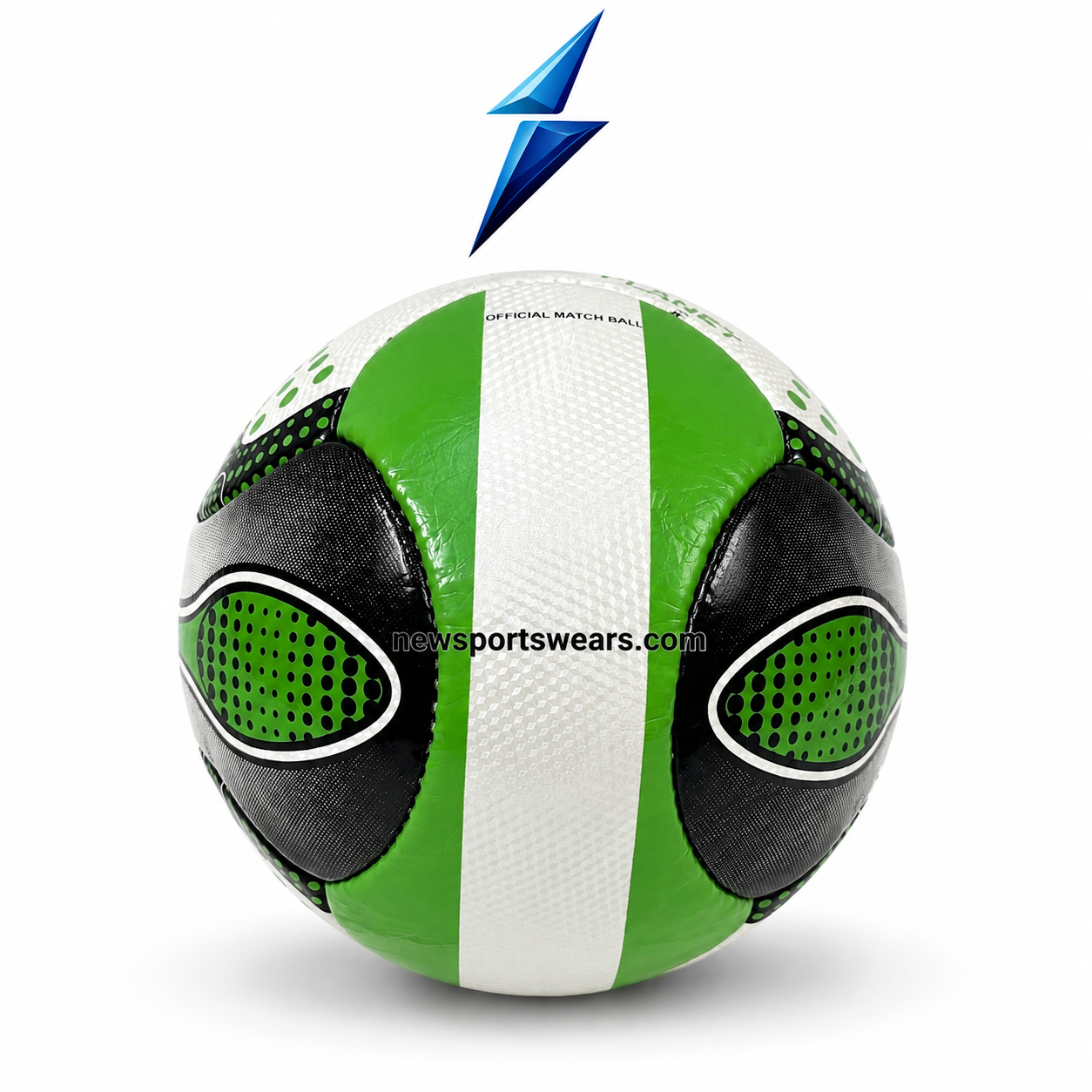 Green Black Football for Training and Practice Green black soccer ball with white panels, dotted graphics, glossy texture, and stitched design by New Sports Wears.