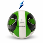 Premium green training football with black dotted pattern, white panels, glossy surface, and stitched seam details.