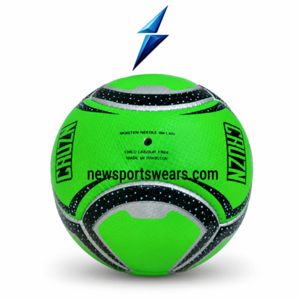Neon green beach soccer ball with black silver graphics, textured surface, and professional design by New Sports Wears.