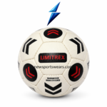 White and black training football with durable stitched panels and red graphic details