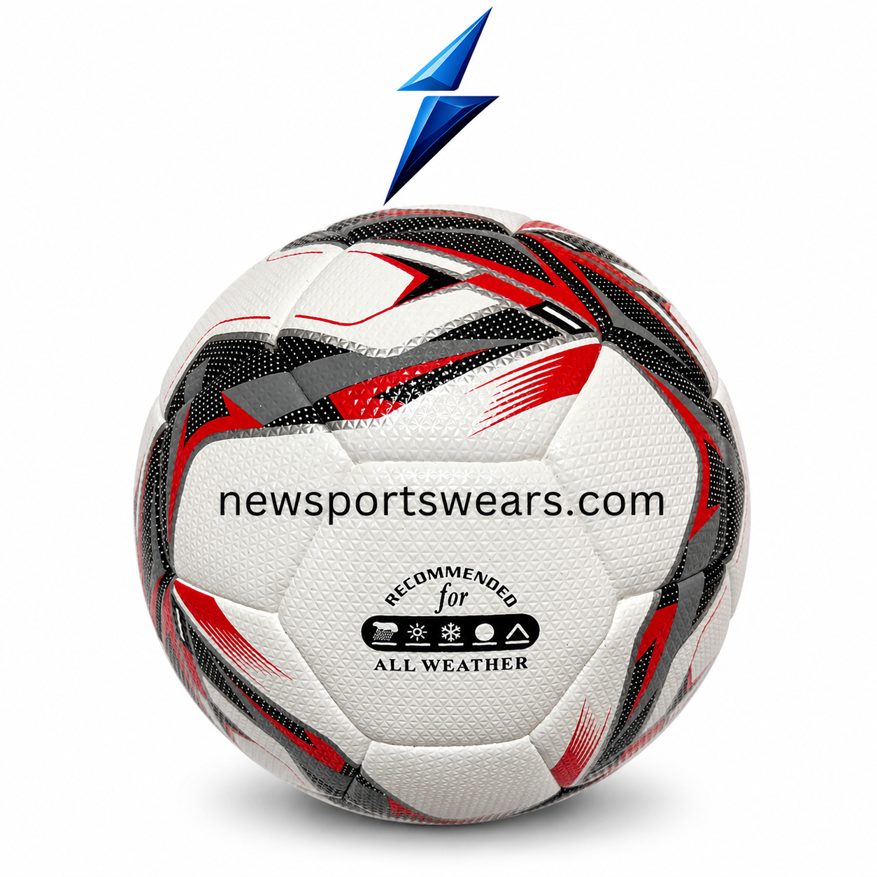 Hybrid Soccer Ball by NewSportsWears Hybrid soccer ball with white red black and grey graphic design textured grip surface and stitched panels by NewSportsWears